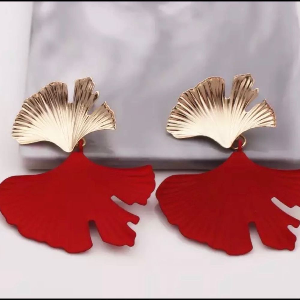 Bohemian Geometric Red Color Ginkgo biloba Leaf Shape Drop Earrings